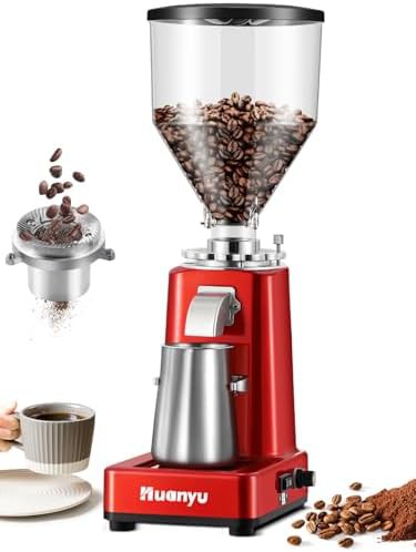 Red flat burr grinder with lockable dial