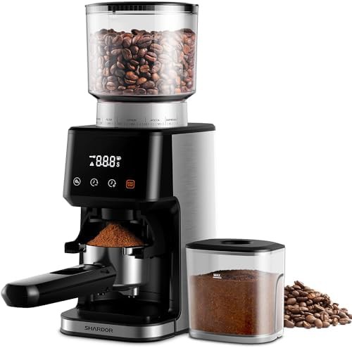 Brushed stainless touchscreen conical burr grinder with timer