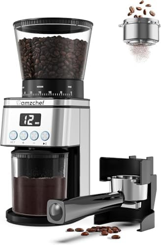 Silver conical burr grinder with LED control panel