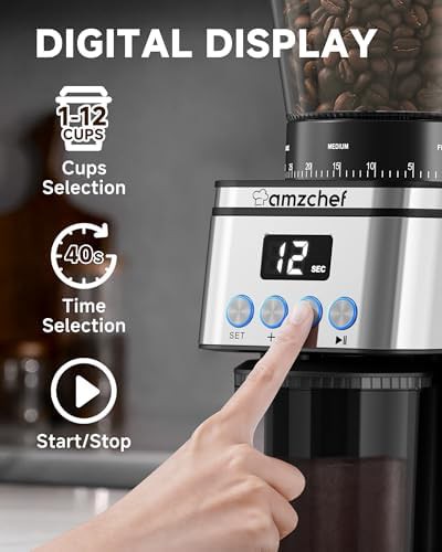 Silver conical burr grinder with LED control panel — photo 4