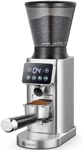 Silver espresso grinder with integrated portafilter holder