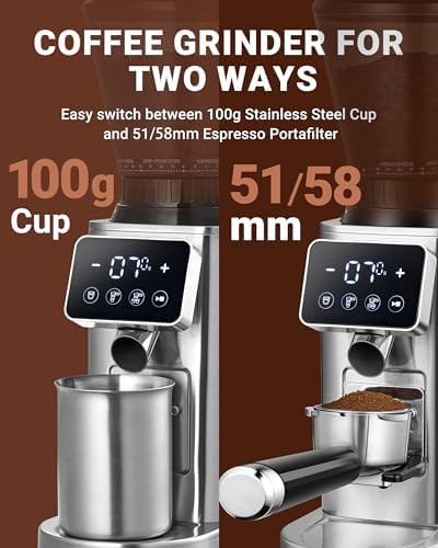 Silver espresso grinder with integrated portafilter holder — photo 5