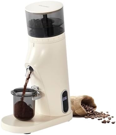 White conical burr grinder with smart timer