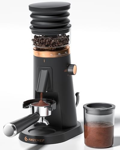 Quiet DC motor single dose grinder with magnetic outlet