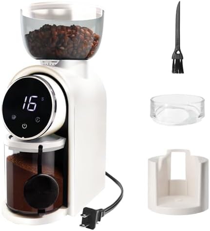 White electric touchscreen conical burr coffee grinder