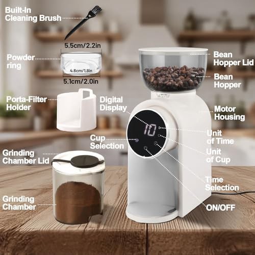 White electric touchscreen conical burr coffee grinder — photo 3