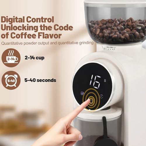 White electric touchscreen conical burr coffee grinder — photo 5