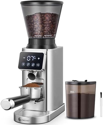 Metallic silver conical burr grinder with 48 settings