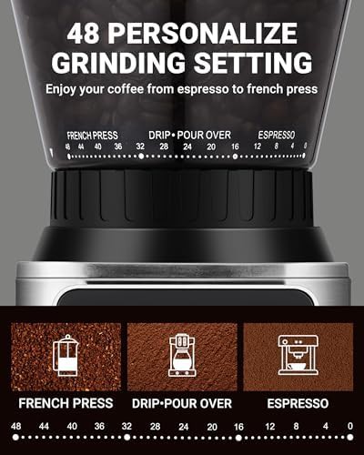 Metallic silver conical burr grinder with 48 settings — photo 3