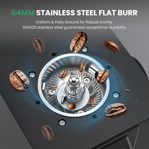 Stainless flat burr grinder with auto tamper