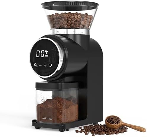 Black touchscreen conical burr coffee grinder